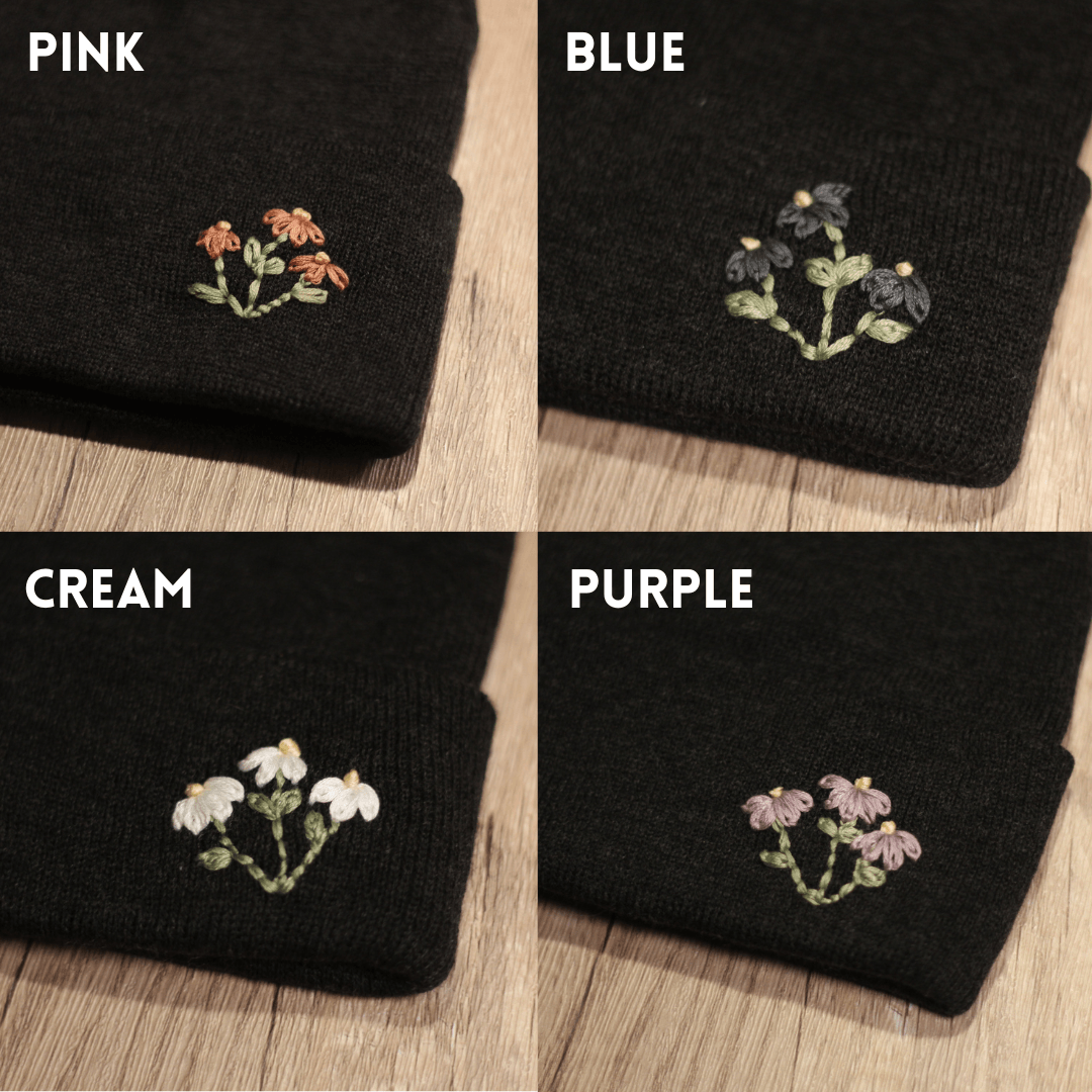 Hand Embroidered Beanie (Charcoal) - Sweet Tea Craftworks