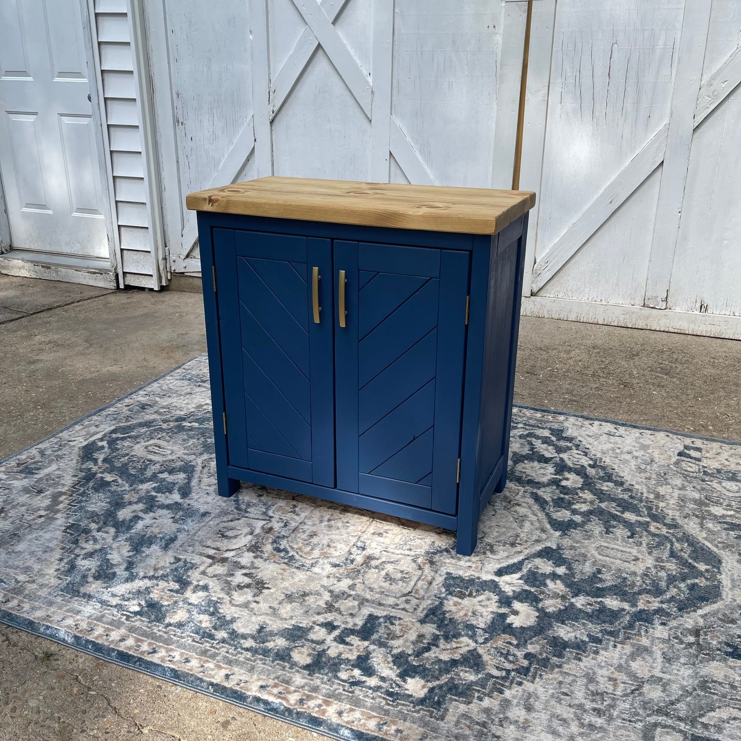 Navy Blue bottom with Golden Oak top (brass hardware)