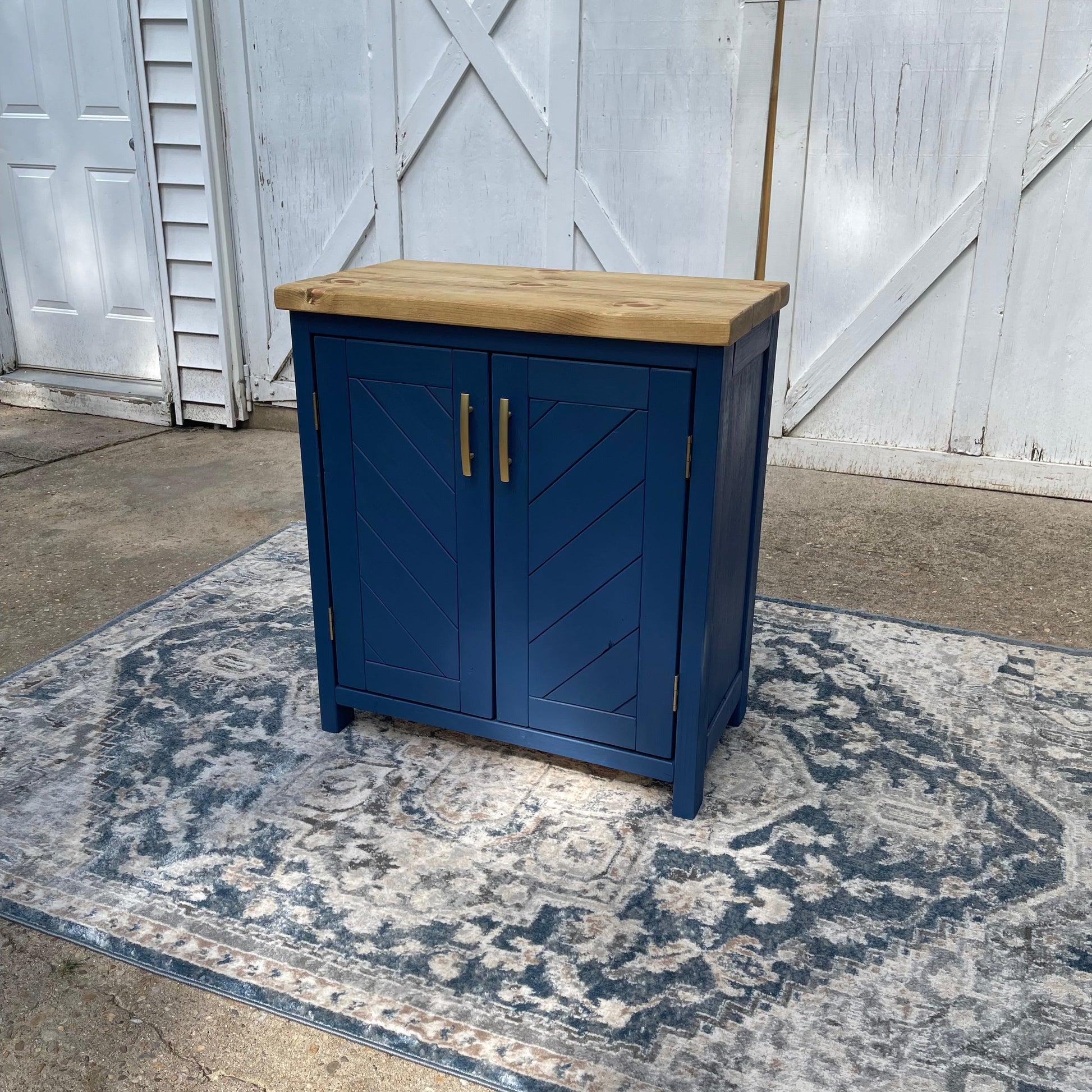 Navy Blue bottom with Golden Oak top (brass hardware)