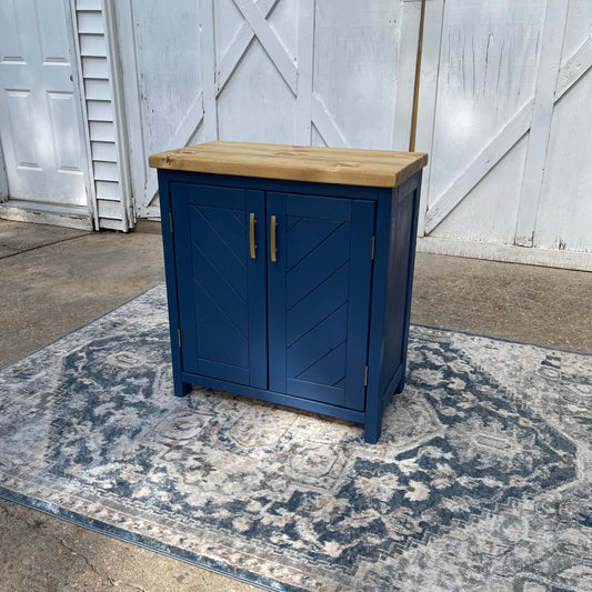 Navy Blue bottom with Golden Oak top (brass hardware)