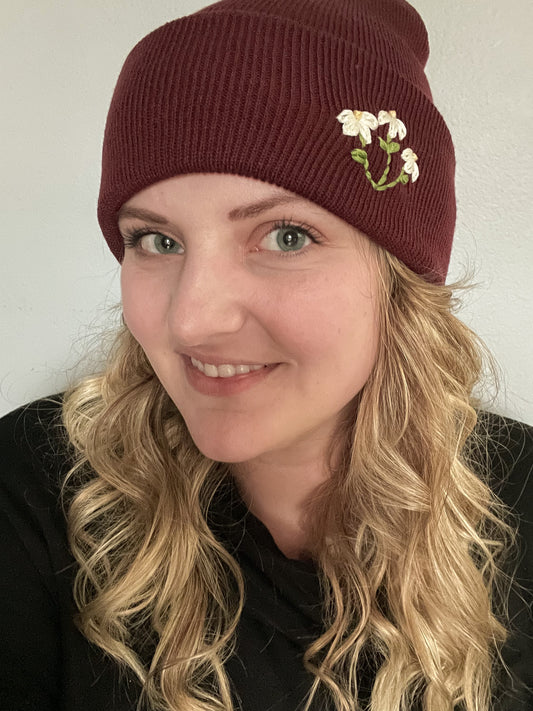 Hand Embroidered Beanie (Maroon)