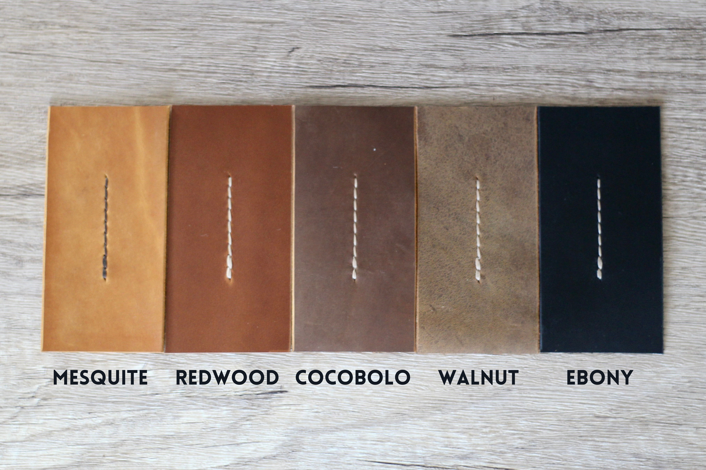 Leather Color Swatches. From left to right, Mesquite, Redwood, Cocobolo, Walnut, and Ebony.