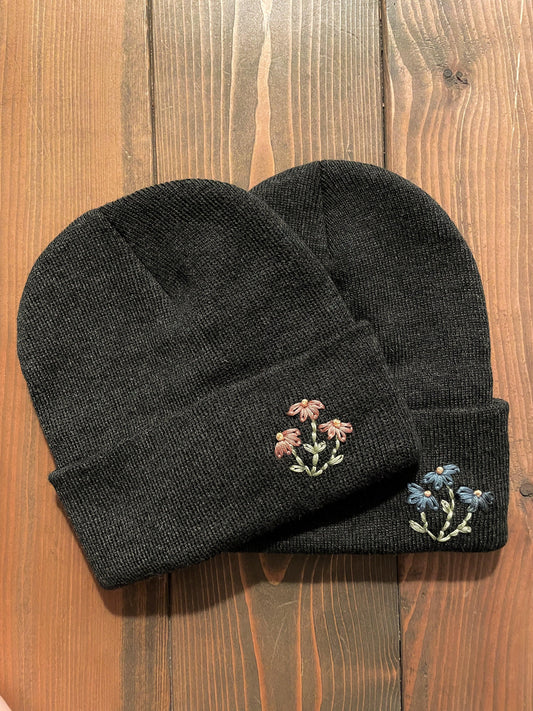 Hand Embroidered Beanie (Charcoal) - Sweet Tea Craftworks